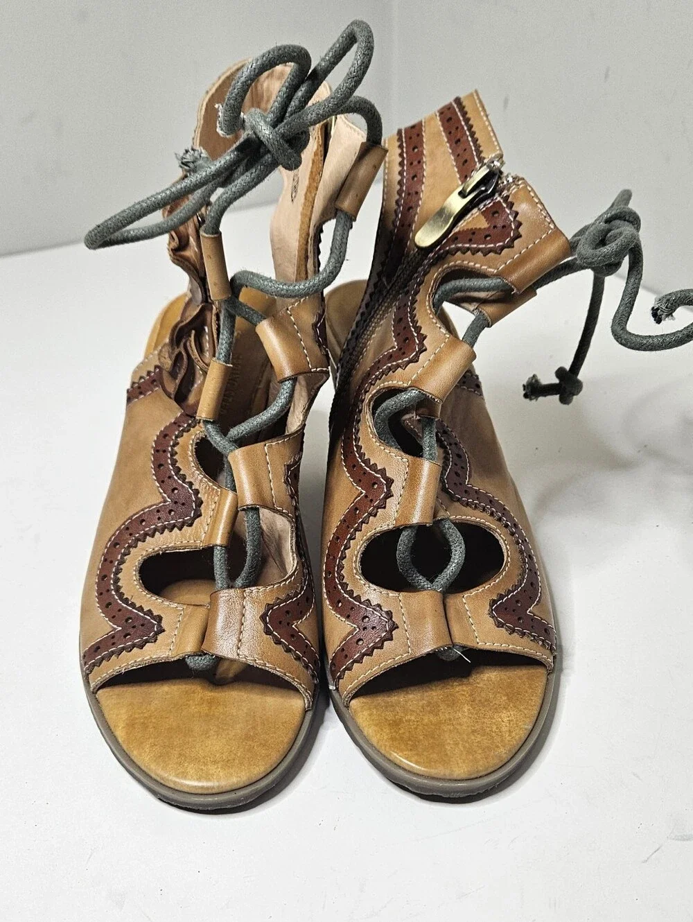 L'Artiste Spring Step Sandals Alejandra Lace Up Heeled Brown Tan  Leather 37 7